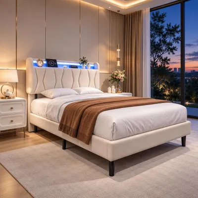 Obrázok produktu pre INONEFT Čalúnená posteľ, dvojlôžko, 140 x 200 cm, moderná posteľ s látkovým čalúnením a čalúnenou hlavou, rám postele s LED osvetlením a nabíjacou stanicou (béžová, 140 x 200 cm)