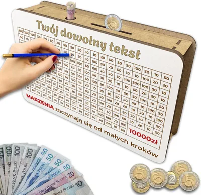 Zdjęcie produktu dla Skarbonka wykreślana wyzwanie oszczędzanie twój dowolny tekst Cel 10000 zł