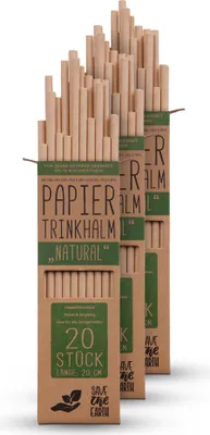 Produktbild von Trinkhalme Papier (60 Stück) 100% biologisch abbaubar - "Natur" Nachhaltige Papierstrohhalme 100% Kraftpapier - robust, stabil und Umweltfreundlich