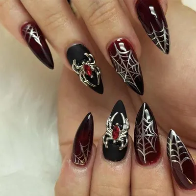 Produktbild von 24 Stück Halloween-Press-On-Nagels mit Spinnen-Design - schwarze Kunstnägel - Stiletto-Form - für Frauen
