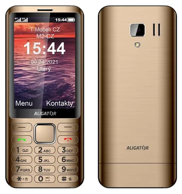 Front and back view of a gold Aligator D950 mobile phone.