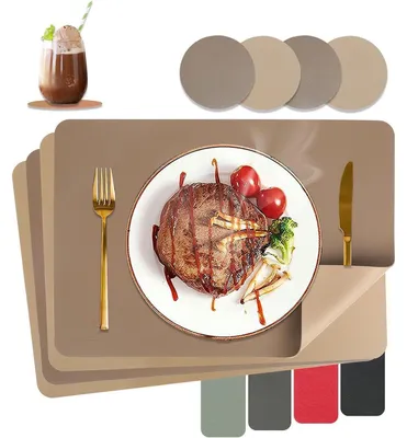 Image de Sets de table imitation cuir, lavables, résistants à la chaleur, ensemble de 4 pièces, couleur marron et beige, dimensions 43x30 cm, avec sous-verres inclus