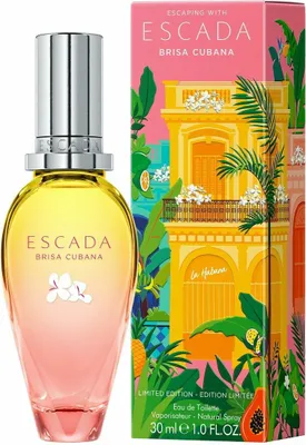 A bottle of Escada Brisa Cubana perfume and its packaging.