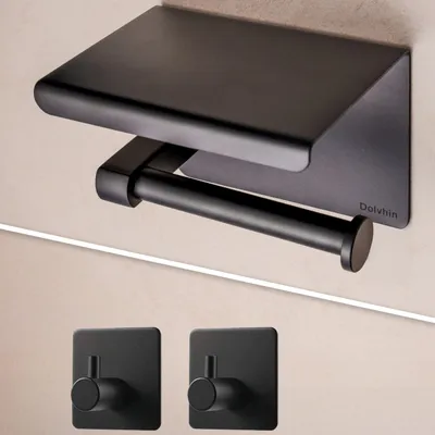 Produktbild von Dolvhin Toilettenpapierhalter ohne Bohren & 2 Handtuchhaken | Klopapierhalter mit Ablage | Klorollenhalter selbstklebend Edelstahl | Schwarz Matt