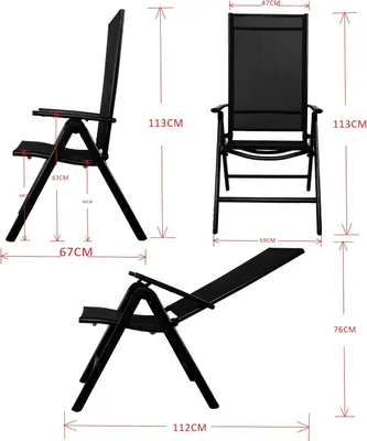 Obrázek produktu pro Zahradní židle – Skládací balkonová židle z hliníku s nastavitelnou opěradlem, černá barva – 67 x 59 x 113 cm