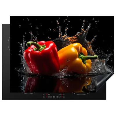 Produktbild von KitchenYeah© Herdabdeckplatte Paprika - Wasser - Schwarz - Gemüse - Rot - Gelb , 71x52cm, Küche Deko, Glaskeramikkochfeld Herdabdeckung, Abdeckplatte fùr Kochfeld