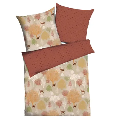 Produktbild von Kaeppel Biber Bettwäsche Autumn Wende 100% Baumwolle Reißverschluss Bettbezug Kissenbezug Bettgarnitur Bettwäsche-Set Bettzeug 155x220 cm Terra