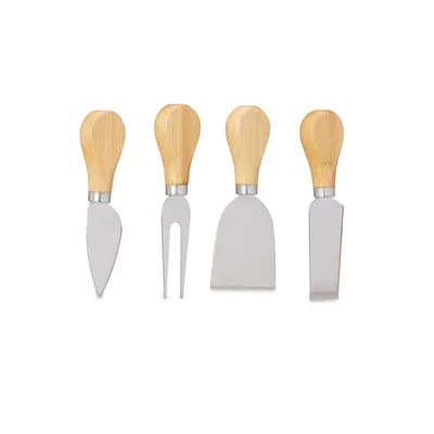 Produktbild von Relaxdays Käsebrett mit Käsemesser Set, HD 4 x 25 cm, drehbare Käseplatte, 4-tlg. Käsebesteck, Bambus & Edelstahl, natur