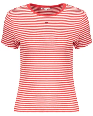 Produktbild von Nachhaltiges Damen-T-Shirt: Rot, Gestreift & Stickerei-Design