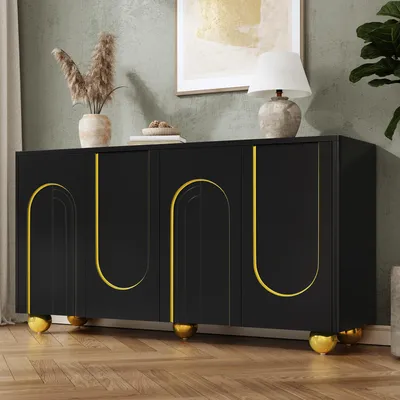 Produktbild von Merax Sideboard mit 4 Türen und Gold-Bogenlinien-Nachbildung, Kommode mit kugelförmigen Metallfüßen, Wohnzimmerschrank aus MDF mit Einlegeböden, Schwarz