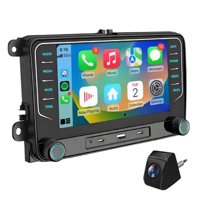 Productafbeelding van 7-inch CarPlay Android 15 autoradio voor VW Golf 5, 6, Plus, Touran, Caddy T5, met GPS-navigatie, Wi-Fi, Bluetooth en stuurwielbediening, FM-radio en camera