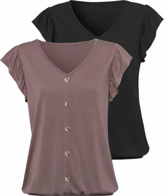 Produktbild von LASCANA V-Shirt mit Zierknopfleiste taupe, schwarz Größe 32/34