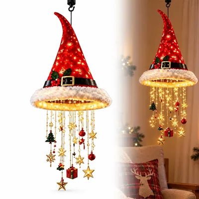 Produktbild von Weihnachtsdeko LED Hängelampe in Weihnachtsmann-Mützenform, warme Lichterdekoration, festlicher Anhänger für Wohnzimmer Fenster Tür