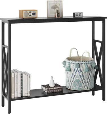 Image de Console Table d'entrée Table d'appoint avec étagères Réglable en hauteur Cadre en X 101x25x80.5cm Noir