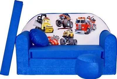 Produktbild von All4All Kindersofa Klappsofa, Schlafsofa 3in1, Velo, Spielsofa für Kinder, Sofa zum Aufklappen, mit Pouf, faltbar, zum Schlafen – Schaumstoff Sofa (C14 Blau mit Autos)
