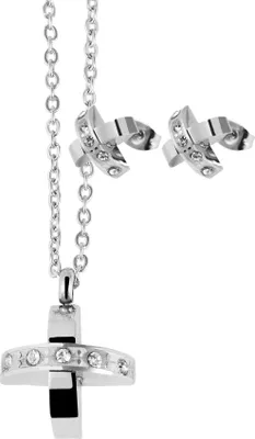 Produktbild von Akzent Schmuckset Kreuz silberfarbig Strass Ohrstecker Halskette Edelstahl