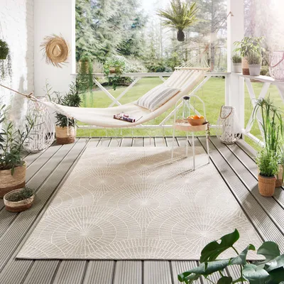 Produktbild von Steffensmeier Indoor Outdoor Teppich Nyland wasserfest Kunststoff Balkon Garten Flur, strapazierfähig und pflegeleicht, Kreise Beige, Größe: 240x290 c