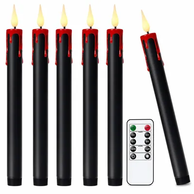 Produktbild von LED Stabkerzen 6er Set, schwarze flammenlose Kerzen mit Fernbedienung und Timer, dimmbare elektrische Kerzen für Halloween Dekoration und Party