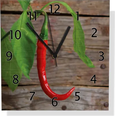 Produktbild von Wallario Design Wanduhr Hängende Chili-Schote aus Aluverbund, Größe 30 x 30 cm