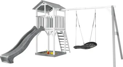 Obrázek produktu pro AXI Beach Tower with Roxy Nest Swing Grey/white - Grey Slide, Domeček na hraní na sloupcích, 3 rok/roky, Skluzavka, Šedá, Bílá