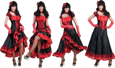Four women in red and black Can Can costumes posing against a white background.