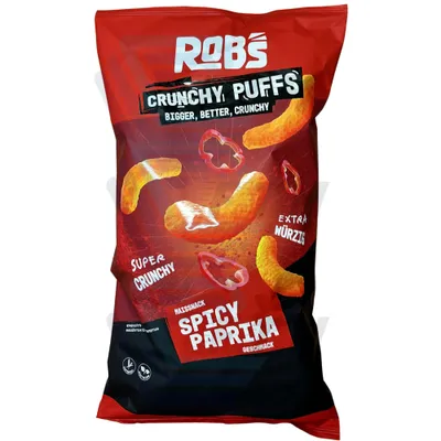 Obrázek produktu pro Rob's Crunchy Puffs Spicy Paprika – křupavá kukuřičná pochoutka, 130g sáček