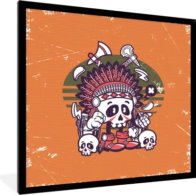 Produktbild von MuchoWow® MuchoWow® Gerahmtes Poster Schädel - Indianerkopf - Retro 40x40 cm - Poster mit zchwarzem Bilderrahmen - Mit Rahmen - Wanddekoration Schlafzimmer