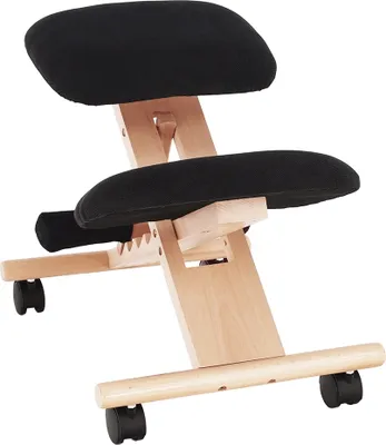 A black ergonomic kneeling chair with a wooden frame and wheels.