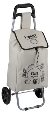 A shopping trolley with a canvas bag and wheels, shown against a white background.