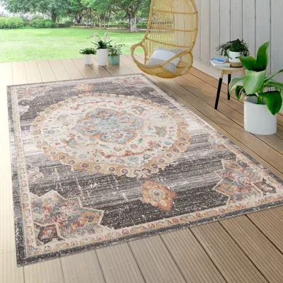Produktbild von Outdoor Teppich Wetterfest Balkon Küche Orient Muster Modern Bordüre Grau Beige Grösse 160x230 cm