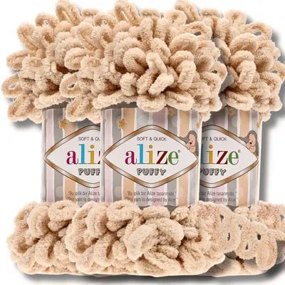 Produktbild von Alize 3x 100g Puffy Wolle, Uni, Häkeln, Stricken (Honey Cream - 310)