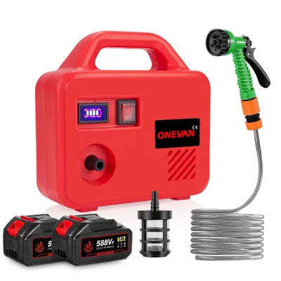 Produktbild von Akku-Wasserpumpe,Tragbare Selbstansaugende Gartenpumpe mit 2xAkku Gartenschlauch Spritzpistole und 10m/3m PVC Schläuche für Bewässerung