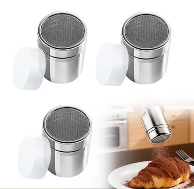 Produktbild von 3 Stück Puderzuckerstreuer mit Deckel, Edelstahl Zuckerstreuer für Cappuccino, Kakao, Zimt, Schokolade, Puderzucker, Zucker, Salz, Mehl