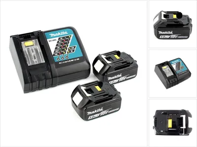 A Makita power source kit with two batteries and a charger is displayed on a white background.
