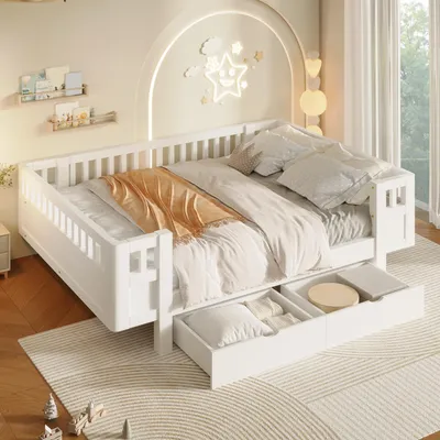Obrázok produktu pre Postel s vysokým zábradlím, rozmery 140x200 cm, 2 veľké zásuvky, úložný priestor (biela)