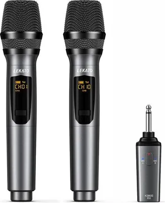 Immagine prodotto di LEKATO wiederaufladbares kabelloses 2,4-GHz-Mikrofon, ( ohne Batterie) Gesangsmikrofone, bis zu 30 Stunden Spielzeit, tragbare kabellose Metallmikrofone, Set für Gesang, Rede, DJ, Kirche, Party, Hochzeit