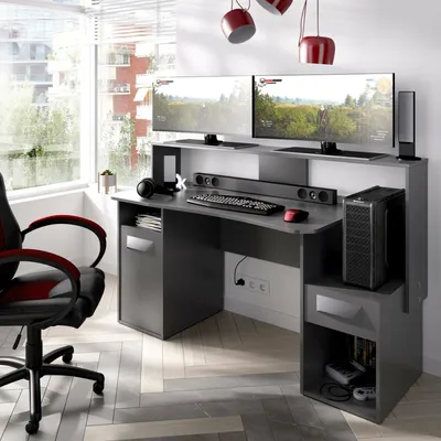 Immagine prodotto di Dmora Scrivania Albertino 69x154x98h cm Nero Antracite, Modulabile un Cassetto