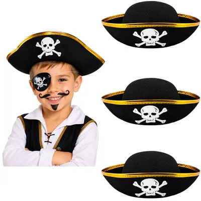 Produktbild von Piratenhut mit Totenkopf für Kinder | Schwarz Gold Stückzahl: 3er Set