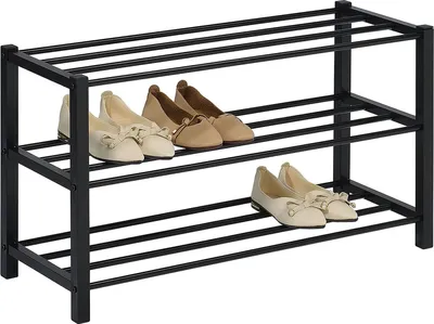 Produktbild von Schuhregal NAVAN Metall Schwarz, robuste Schuhbank mit 3 Ablagen, platzsparende Schuhkommode, ideal für Schuhregal offen, Schuhständer, Schuhregale
