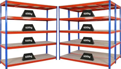 Produktbild von Mega Deal | 3x Profi Schwerlastregal BISON | HxBxT 200x200x60cm | 5 Fachböden | Fachlast 600kg | Blau-Orange