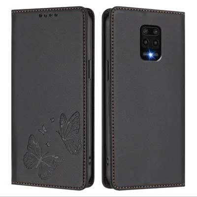Produktbild von Lederhülle für Xiaomi Redmi Note 9S/ 9 Pro/ 9 Pro Max, Schmetterling Prägung Leder Brieftasche Schutzhülle mit Ständer Schwarz