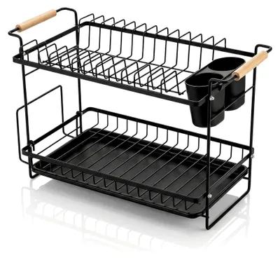Produktbild von Abtropfgestell Geschirr - Geschirrständer groß – Holzgriffe - Abtropfschale mit 360° Ablauf – Besteckhalter - für Küche Spüle Waschbecken - schwarz