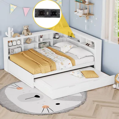Immagine prodotto di Divano letto Merax 140x200cm con letto estraibile 90x190cm, letto da giorno con USB e contenitore, letto per bambini con rete a doghe, letto matrimoniale letto da giorno letto per ragazzi, bianco