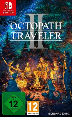 The cover art for the video game Octopath Traveler 2, featuring characters gathered around a campfire under a starry sky.