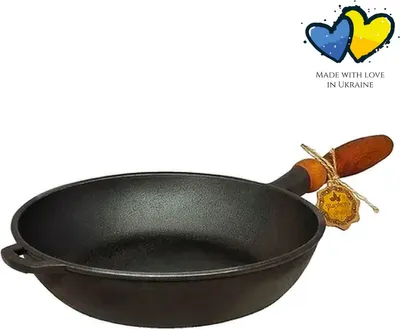 Produktbild von MAYSTERNYA Bratpfanne aus Gusseisen – ø 26 x 6 cm – Holzgriff – Pfanne für alle Wärmequellen – Pfannen – Grillpfannen – Pfannenset – Schwarz