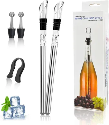 Produktbild von Dieses Weinkühlset enthält 2 Kühlstäbe, 2 Ausgießer, 2 Flaschenverschlüsse und 1 Folienschneider. Edelstahl-Kühlstäbe eignen sich für Flaschen jeder