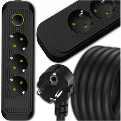 Obrázek produktu pro Zásuvková lišta, délka 2 metry, černá, s 3 zásuvkami, uzemněním, vypínačem a podsvícením, s porty USB-A a USB-C
