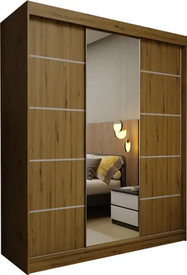 Produktbild von Masseno Schiebetürenschrank MIRELLA 180 cm Kleiderschrank Schlafzimmer Schrank 3-türig mit Spiegel Eiche Artisan