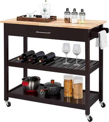 Produktbild von Servierwagen mit Schublade Küchenwagen mit 2 Ablagen Rollwagen Küchenrollwagen mit 4 Rollen Küchenregal Bewegliche Kücheninseln Beistelltisch 51 x 101,5 x 92 cm, braun