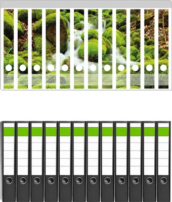Produktbild von Wallario 12 Stück schmale Ordner inkl. Klebeetiketten mit Motive Moosiger Bach -  Set mit Rückenschildern / Ordnerrücken Stickern